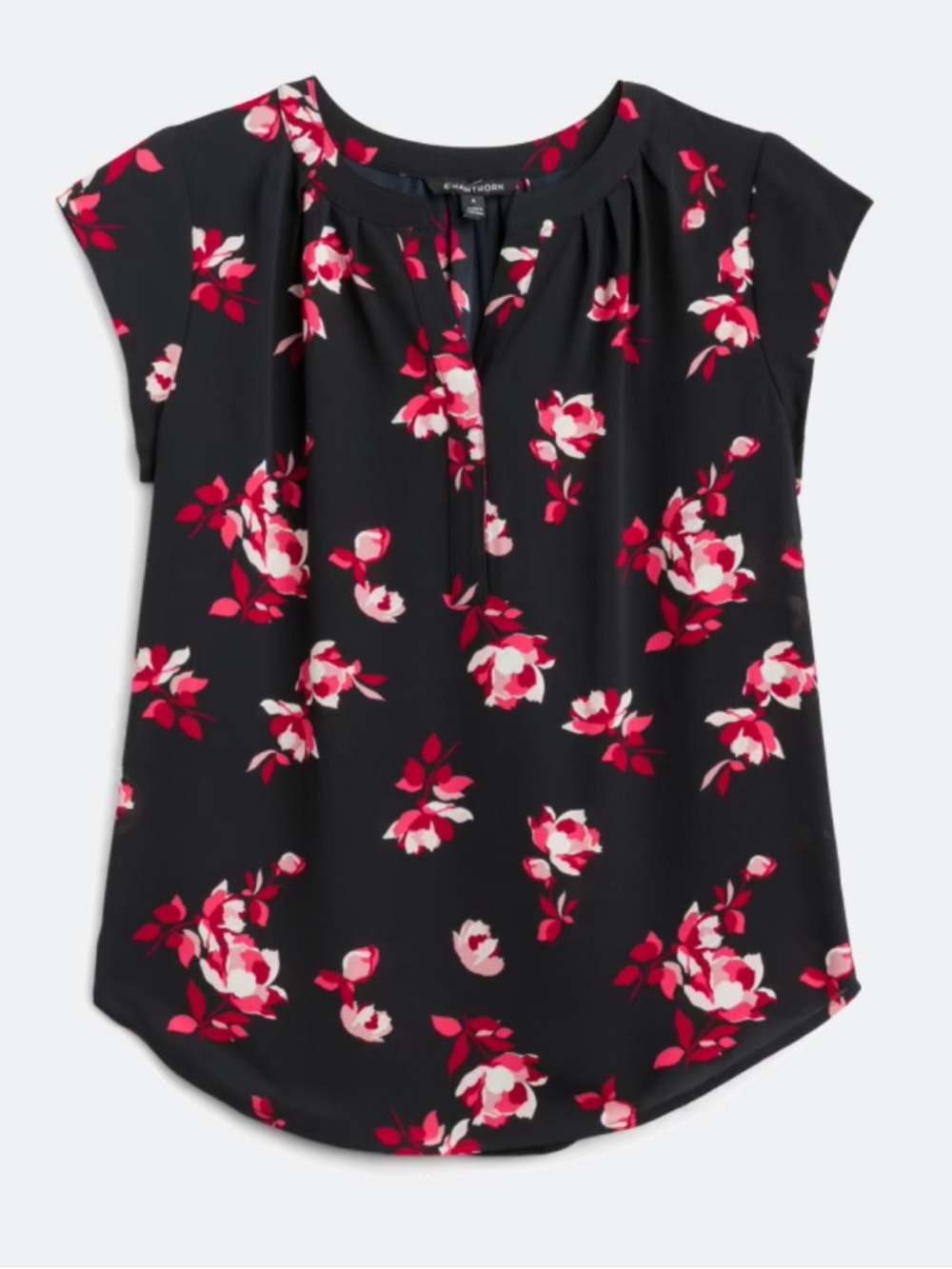 NWT Women’s Floral Split-Neck Blouse - Black/Pink